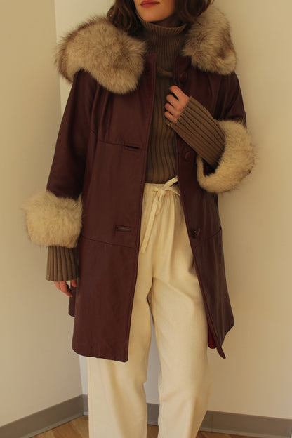 Vintage Oxblood Leather & Fur Belted Coat