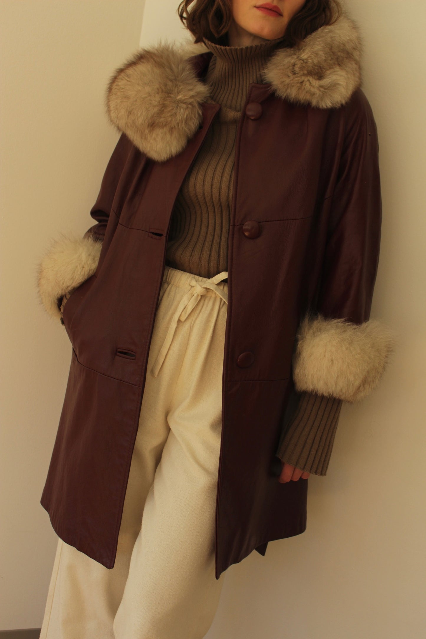 Vintage Oxblood Leather & Fur Belted Coat