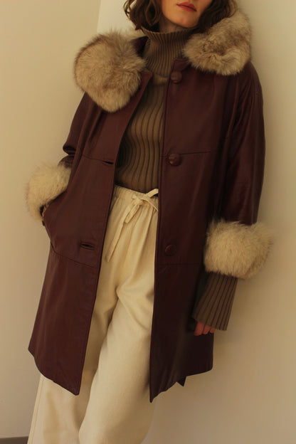 Vintage Oxblood Leather & Fur Belted Coat