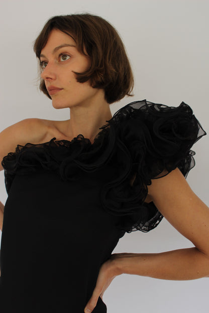 Incredible Vintage Victor Costa Ruffled One Shoulder Dress