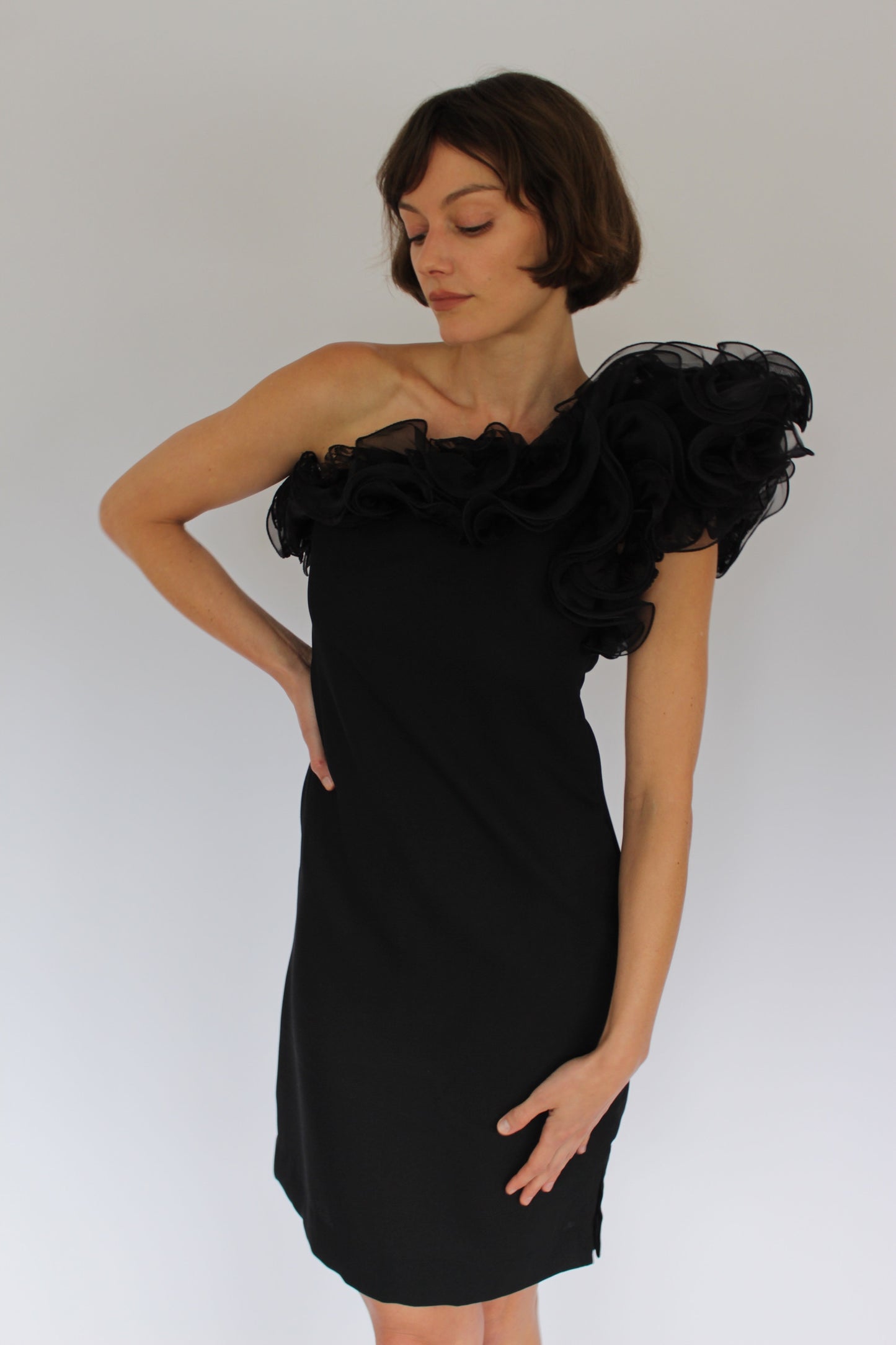 Incredible Vintage Victor Costa Ruffled One Shoulder Dress