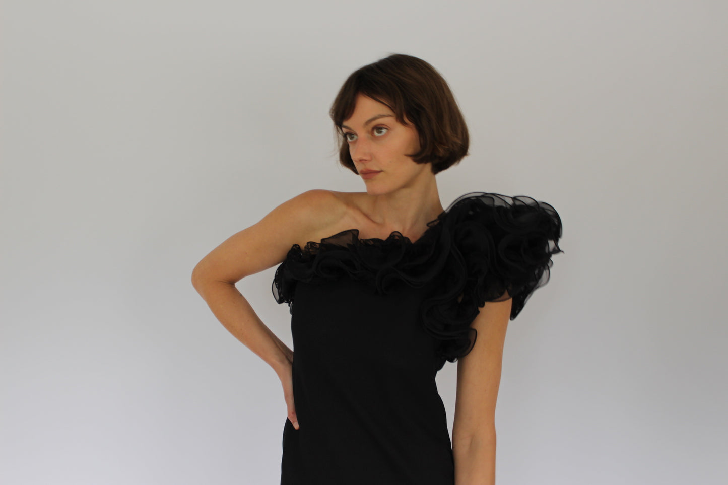 Incredible Vintage Victor Costa Ruffled One Shoulder Dress