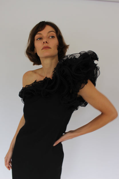 Incredible Vintage Victor Costa Ruffled One Shoulder Dress