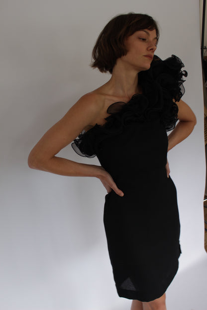Incredible Vintage Victor Costa Ruffled One Shoulder Dress