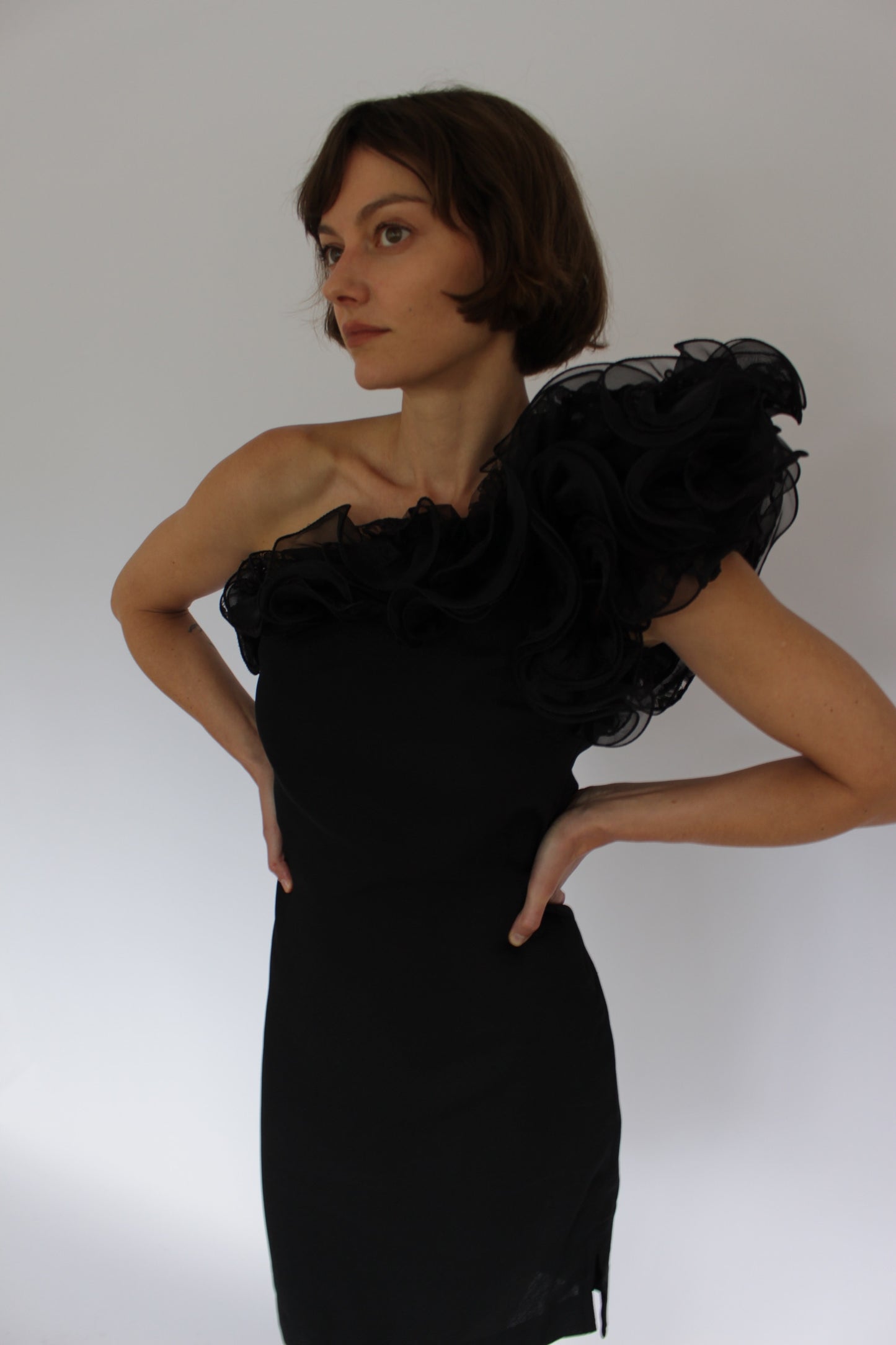 Incredible Vintage Victor Costa Ruffled One Shoulder Dress