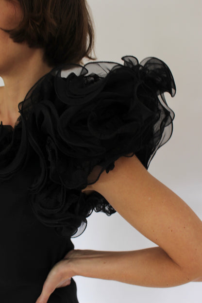Incredible Vintage Victor Costa Ruffled One Shoulder Dress