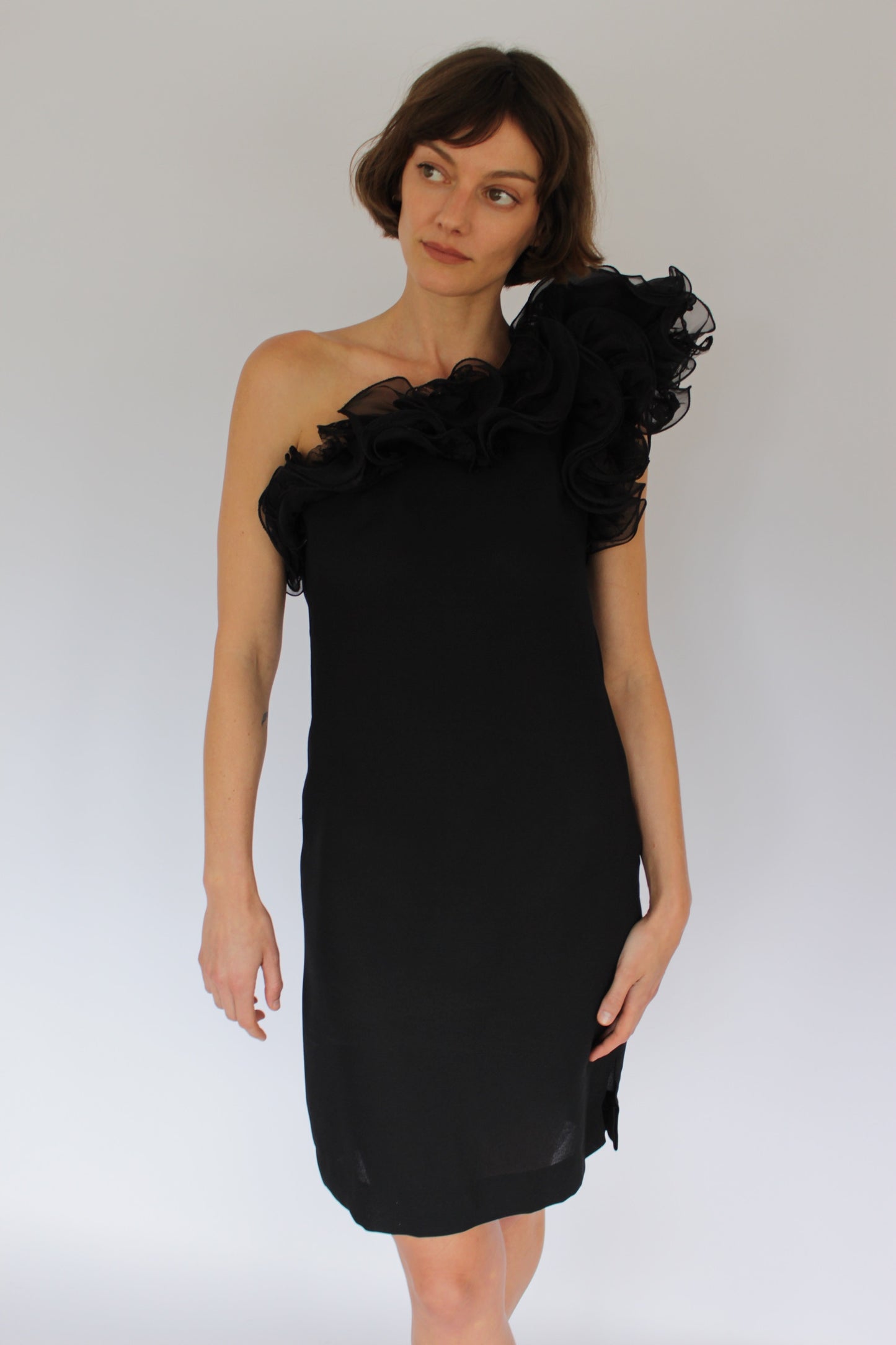 Incredible Vintage Victor Costa Ruffled One Shoulder Dress