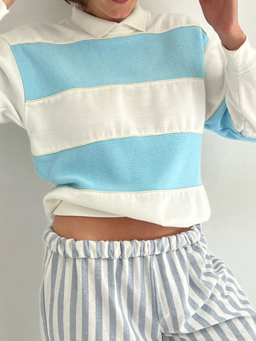 Vintage Wide Striped Aqua Collared Sweatshirt