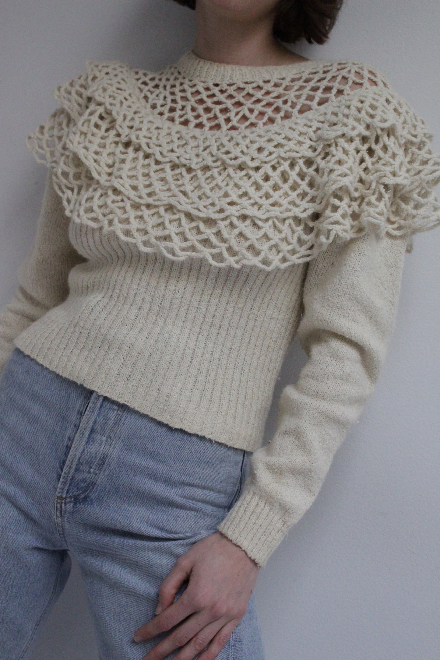 Vintage Silk & Angora Loose Knit Ruffled Sweater