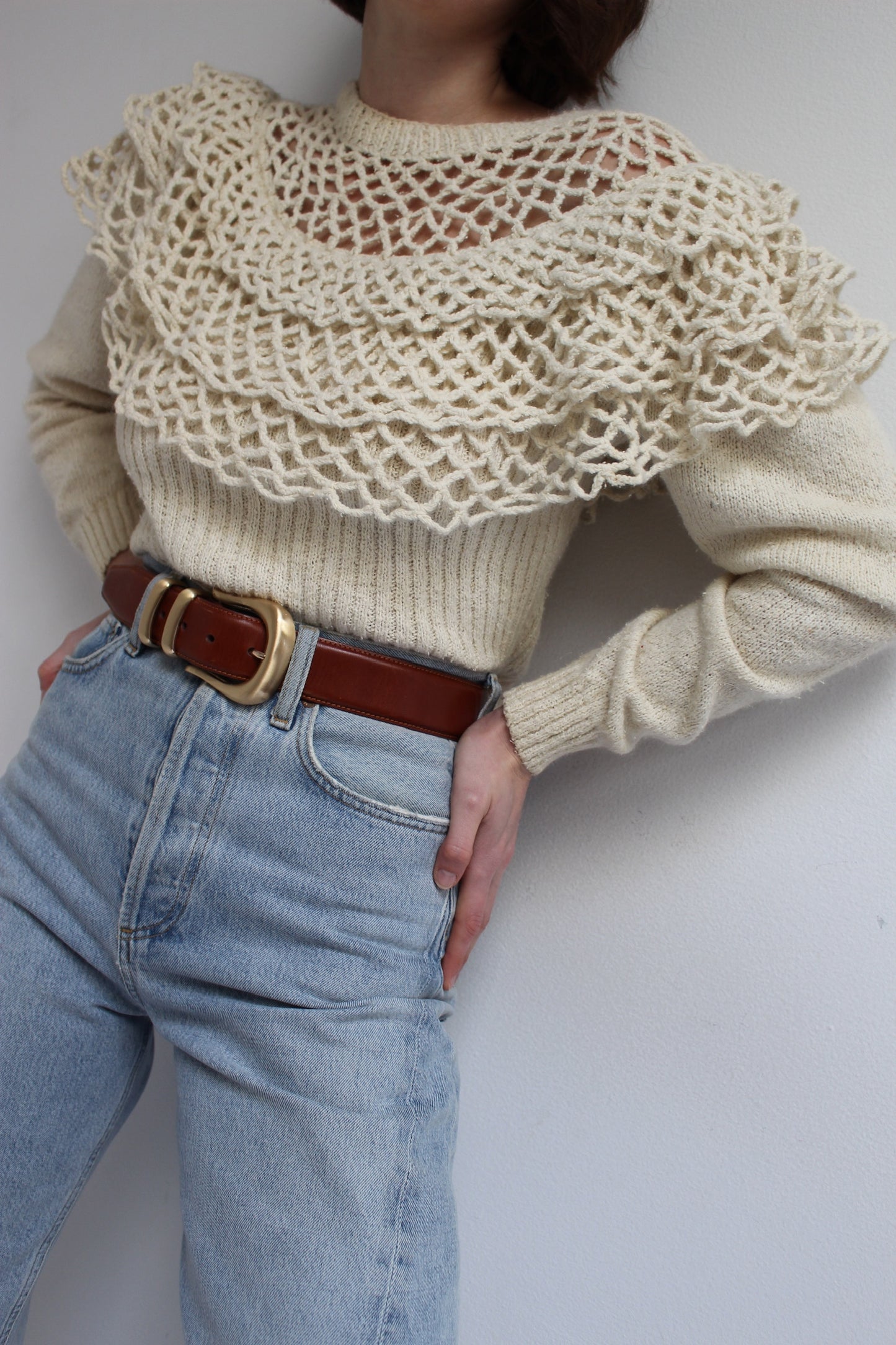 Vintage Silk & Angora Loose Knit Ruffled Sweater