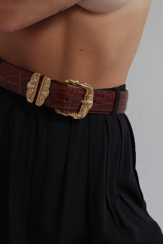 Ornate Vintage Mahogany Embossed Leather Belt