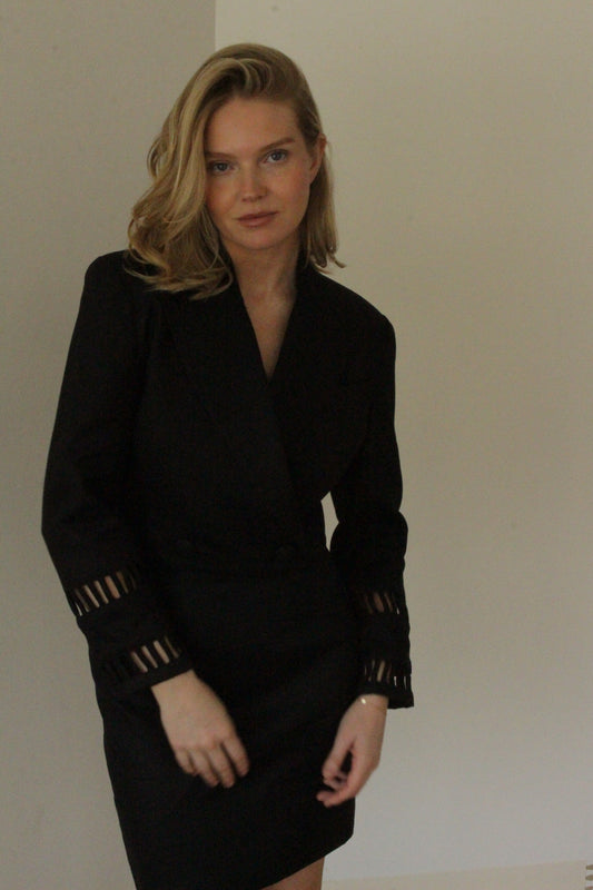 Vintage Pia Rucci Onyx Linen Cropped Skirt Suit