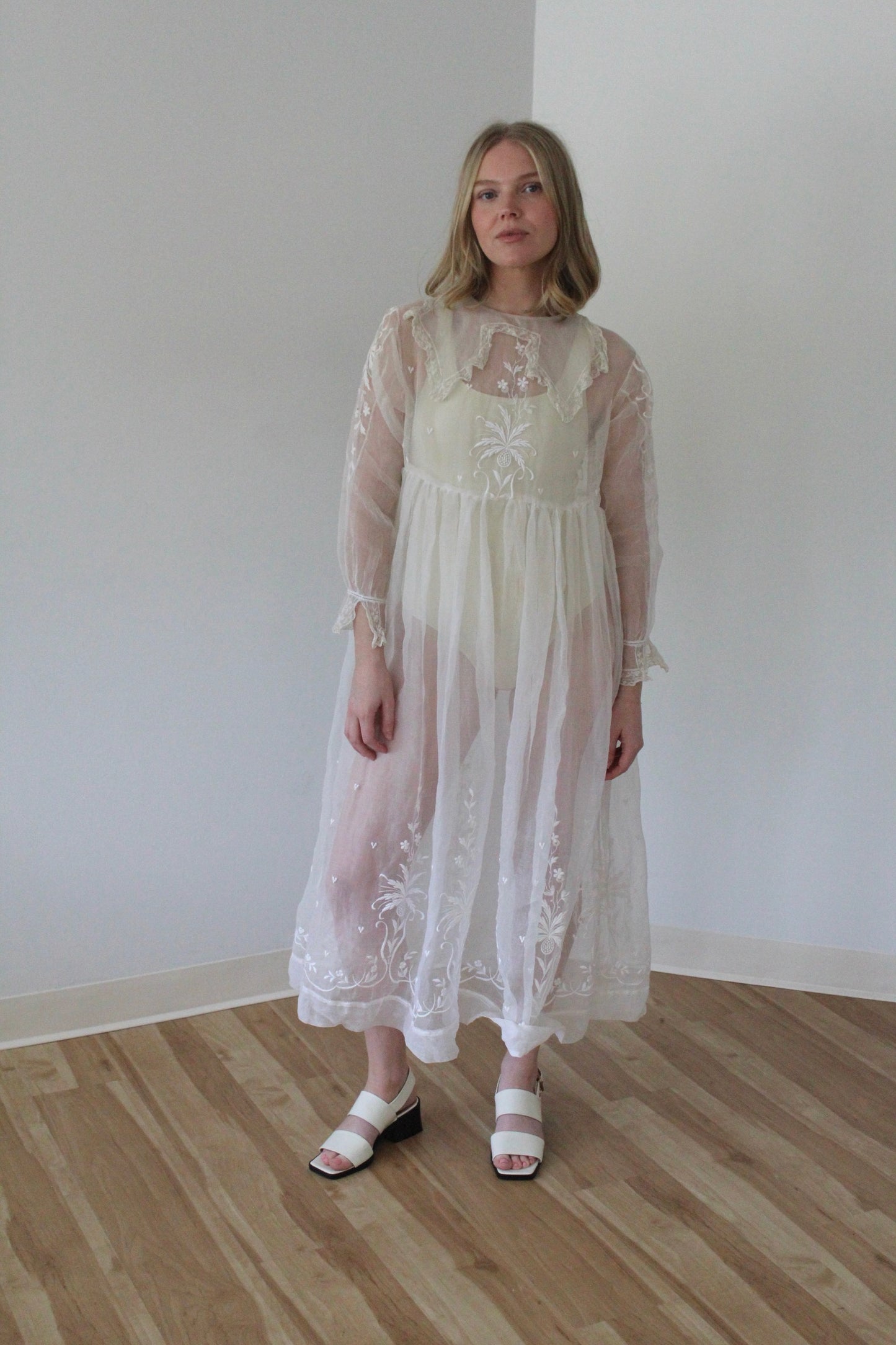 Absolutely Incredible Antique Embroidered Organza Gown