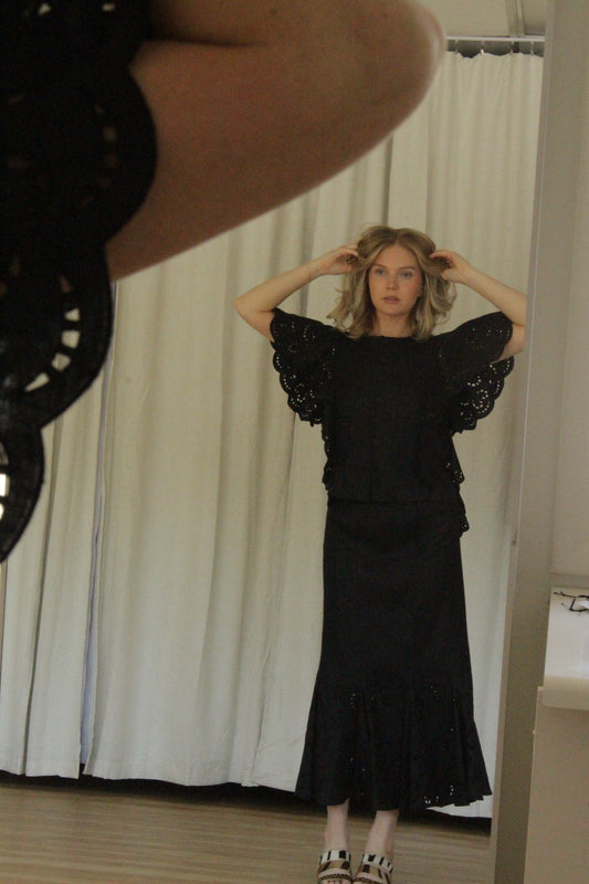 Lovely Vintage Jet Black Linen Eyelet Skirt Set