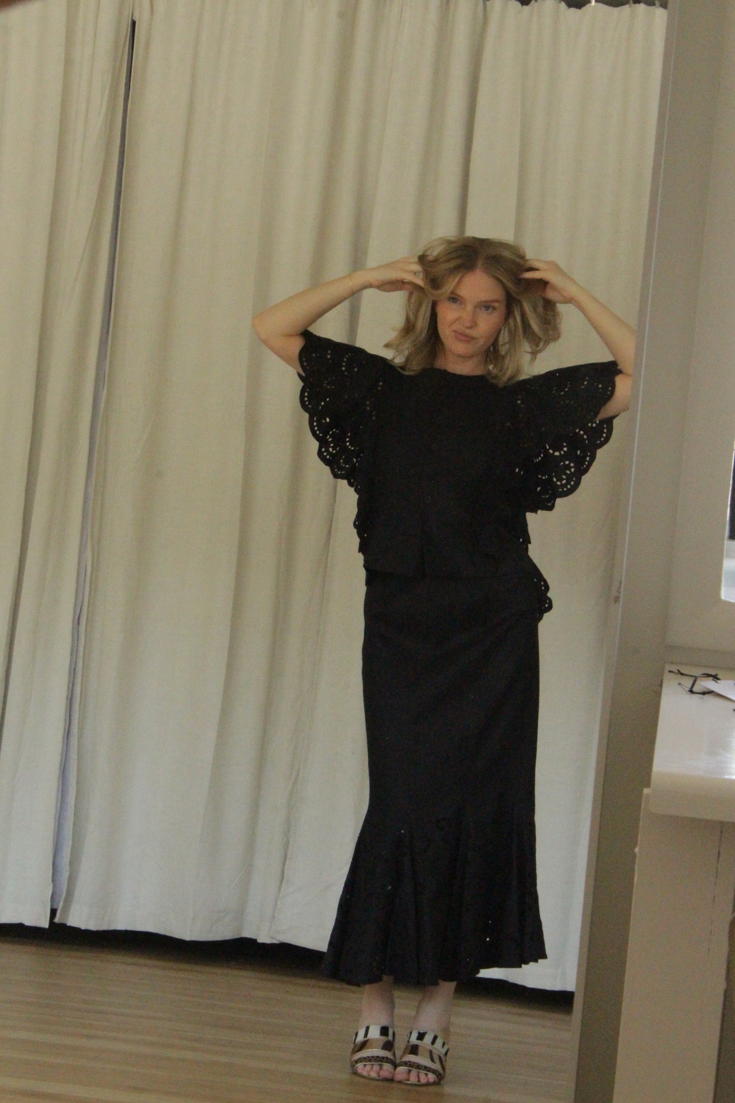 Lovely Vintage Jet Black Linen Eyelet Skirt Set