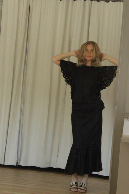 Lovely Vintage Jet Black Linen Eyelet Skirt Set