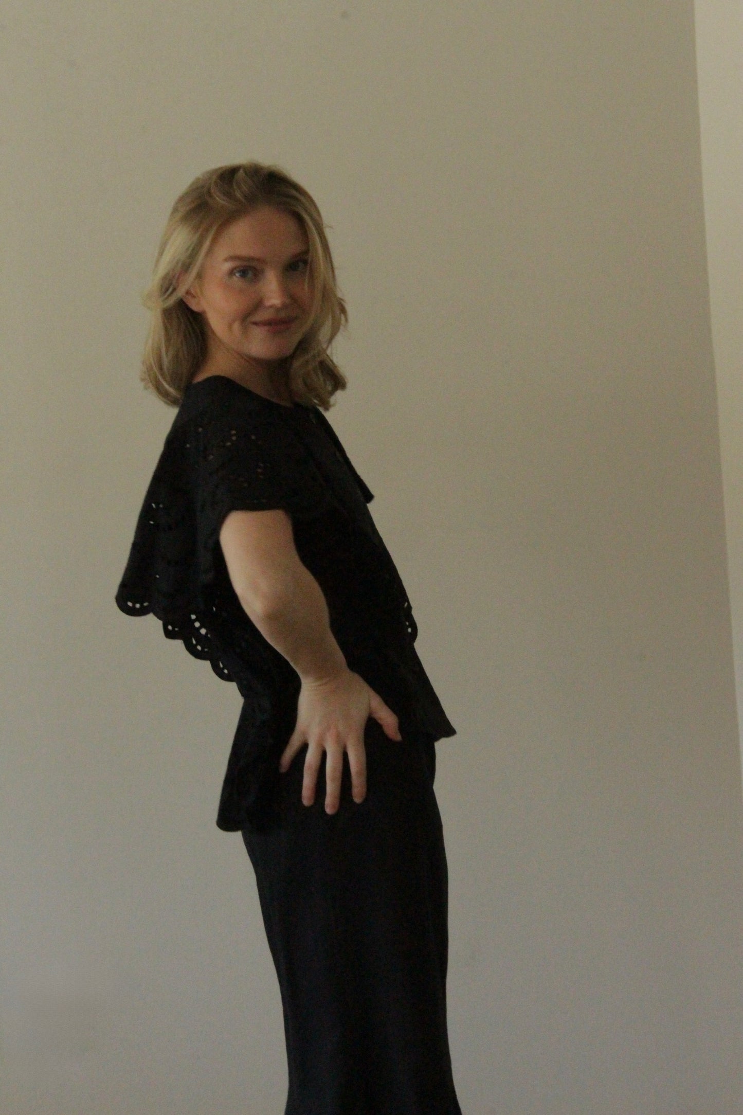 Lovely Vintage Jet Black Linen Eyelet Skirt Set