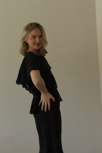 Lovely Vintage Jet Black Linen Eyelet Skirt Set