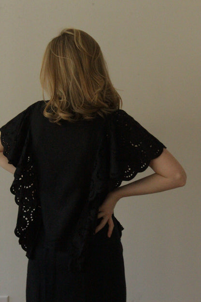 Lovely Vintage Jet Black Linen Eyelet Skirt Set