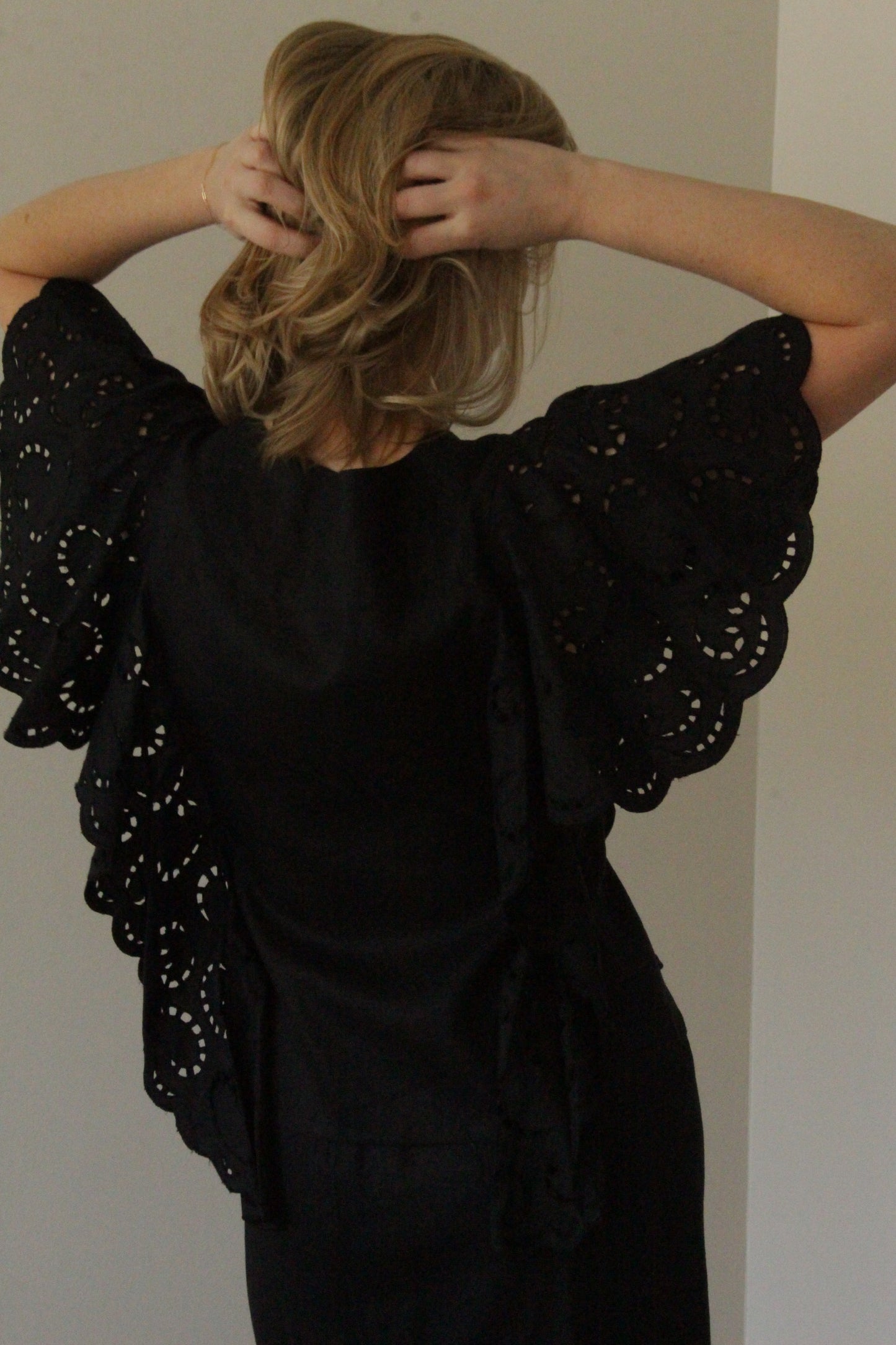 Lovely Vintage Jet Black Linen Eyelet Skirt Set
