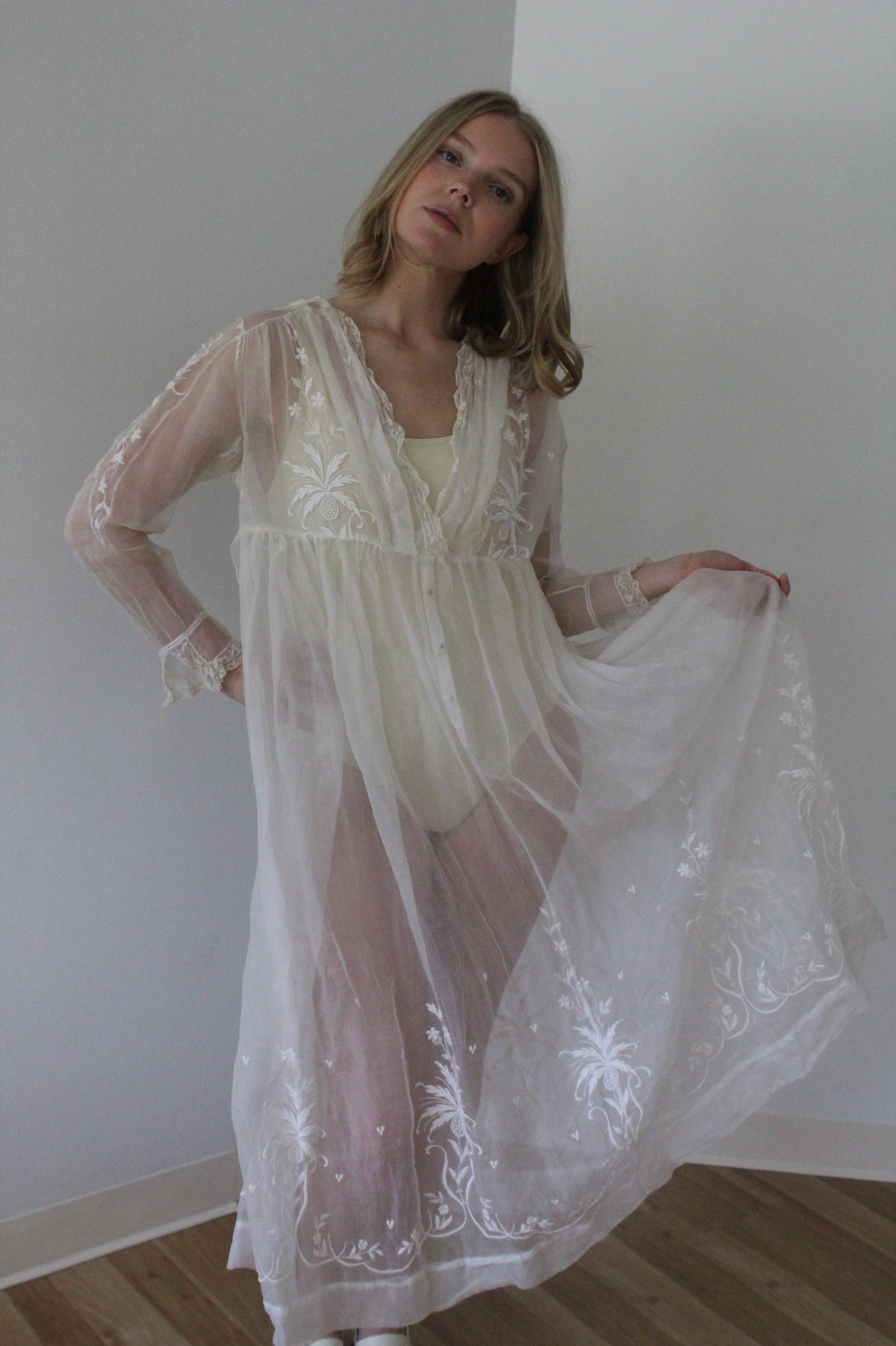 Absolutely Incredible Antique Embroidered Organza Gown