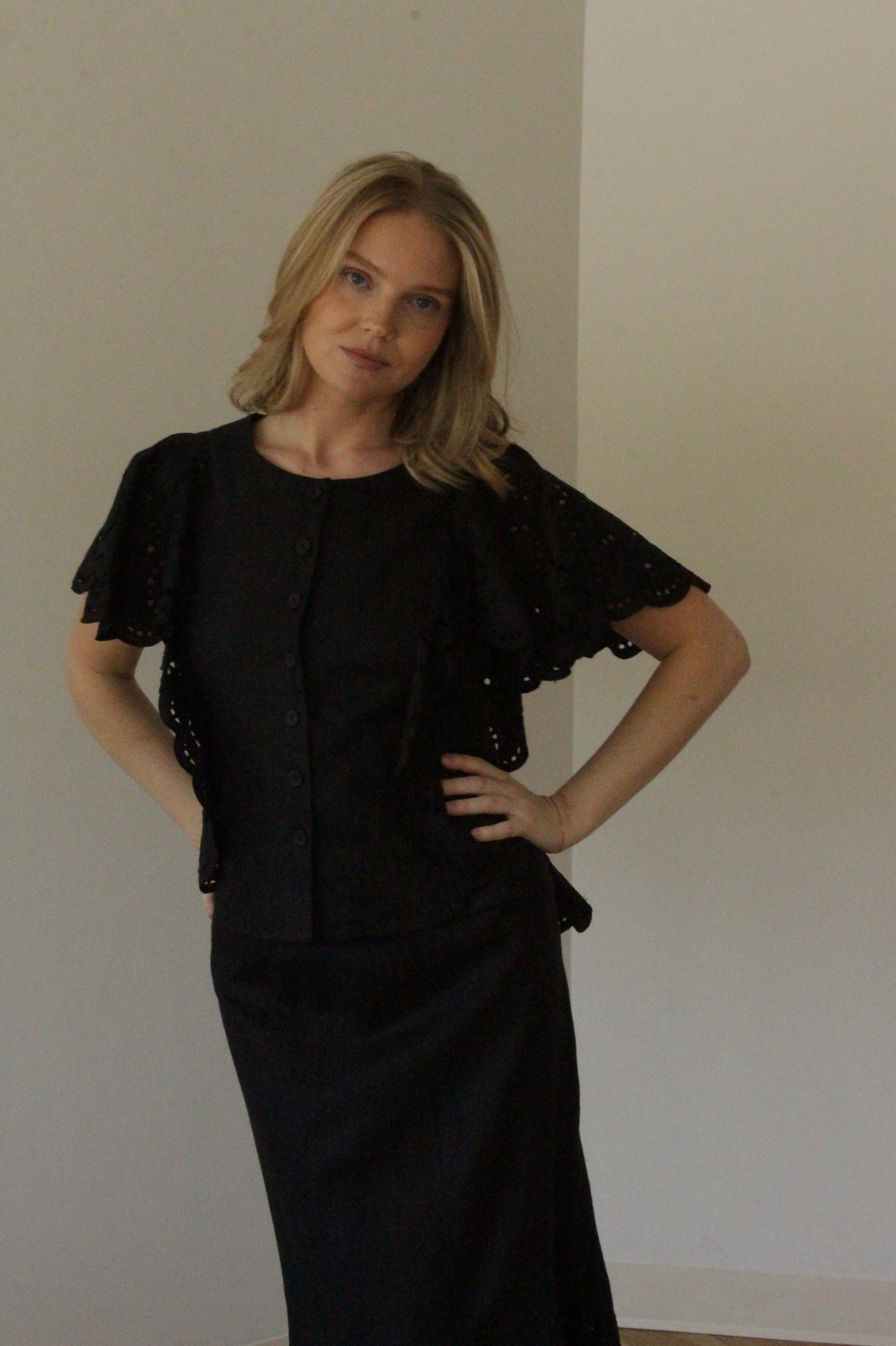 Lovely Vintage Jet Black Linen Eyelet Skirt Set