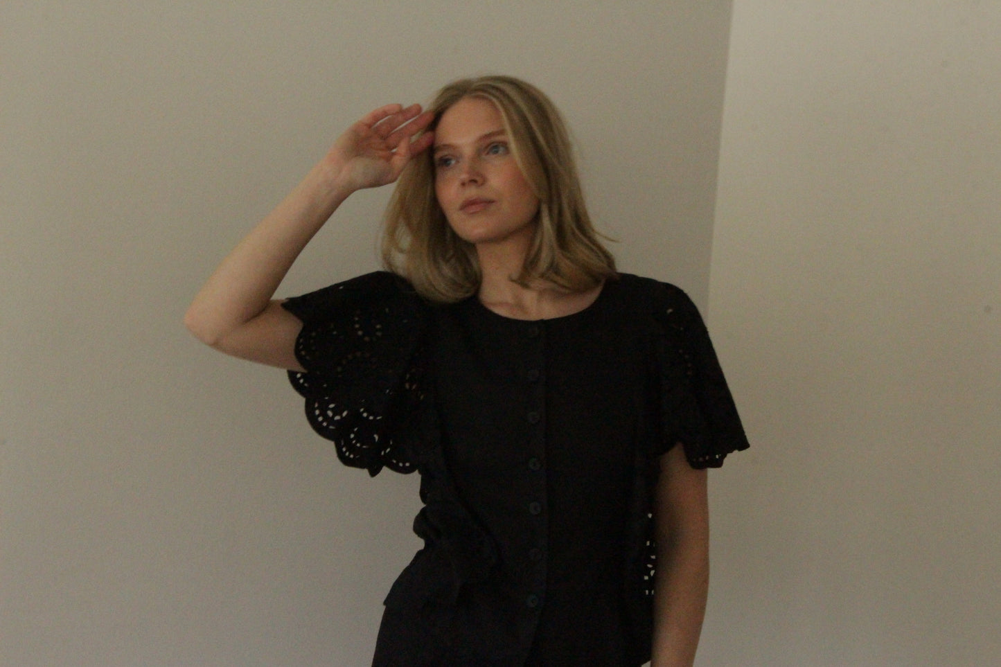 Lovely Vintage Jet Black Linen Eyelet Skirt Set