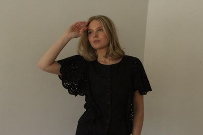 Lovely Vintage Jet Black Linen Eyelet Skirt Set