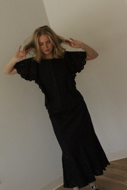 Lovely Vintage Jet Black Linen Eyelet Skirt Set