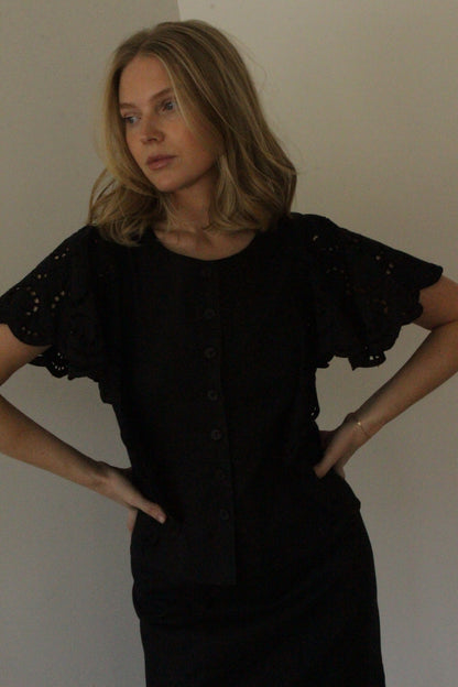 Lovely Vintage Jet Black Linen Eyelet Skirt Set