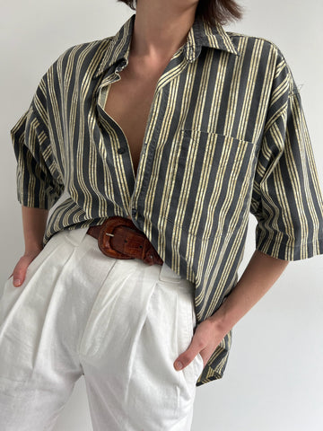 Vintage Faded Black & Wheat Striped Button Up