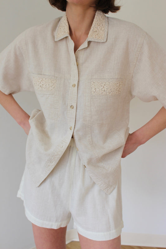 Vintage Lace-Accent Linen Shirt