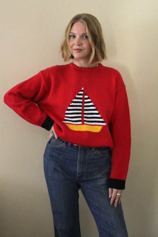 Amazing Vintage Hand Knit Sailboat Sweater