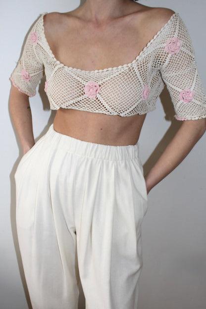 Vintage Ivory Crochet & Floral Applique Top