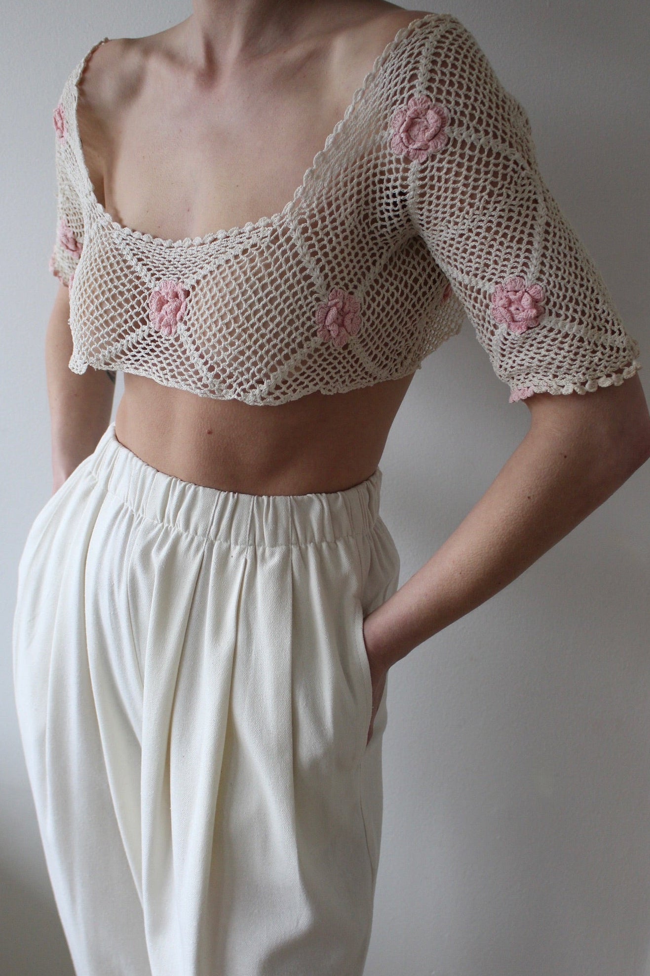 Vintage Ivory Crochet & Floral Applique Top