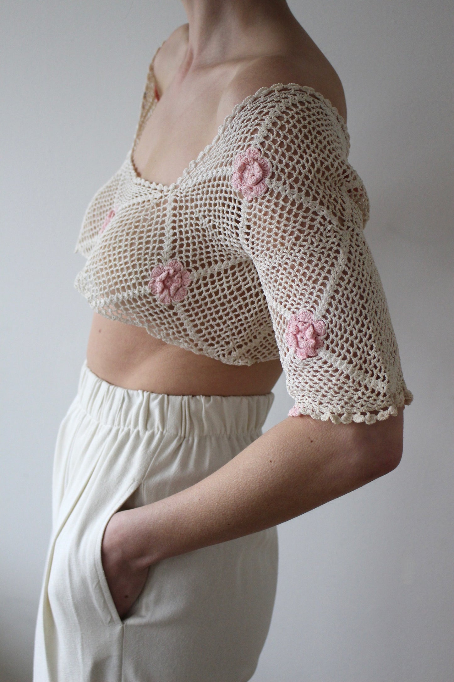 Vintage Ivory Crochet & Floral Applique Top
