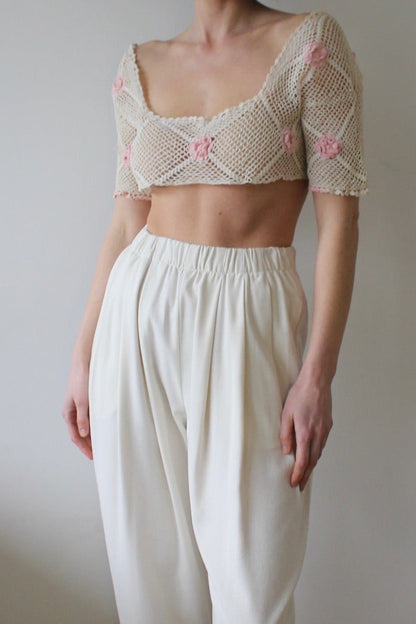 Vintage Ivory Crochet & Floral Applique Top