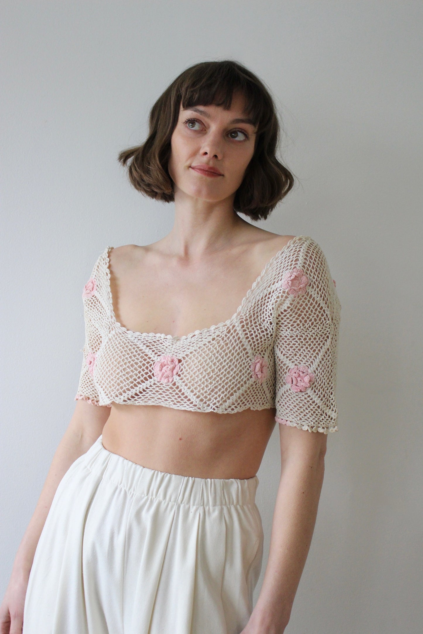 Vintage Ivory Crochet & Floral Applique Top