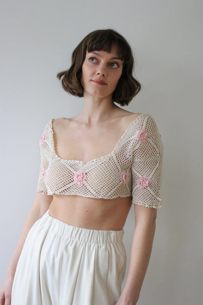 Vintage Ivory Crochet & Floral Applique Top