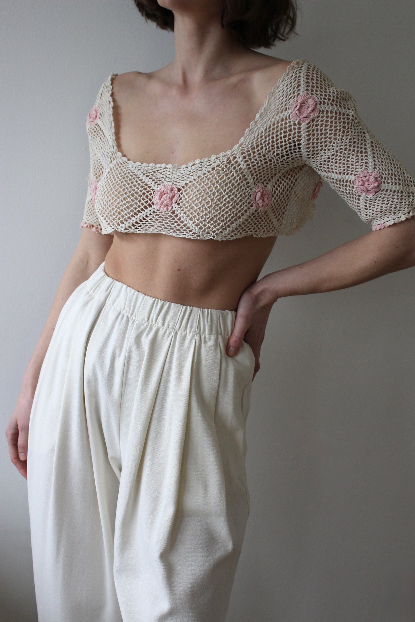 Vintage Ivory Crochet & Floral Applique Top