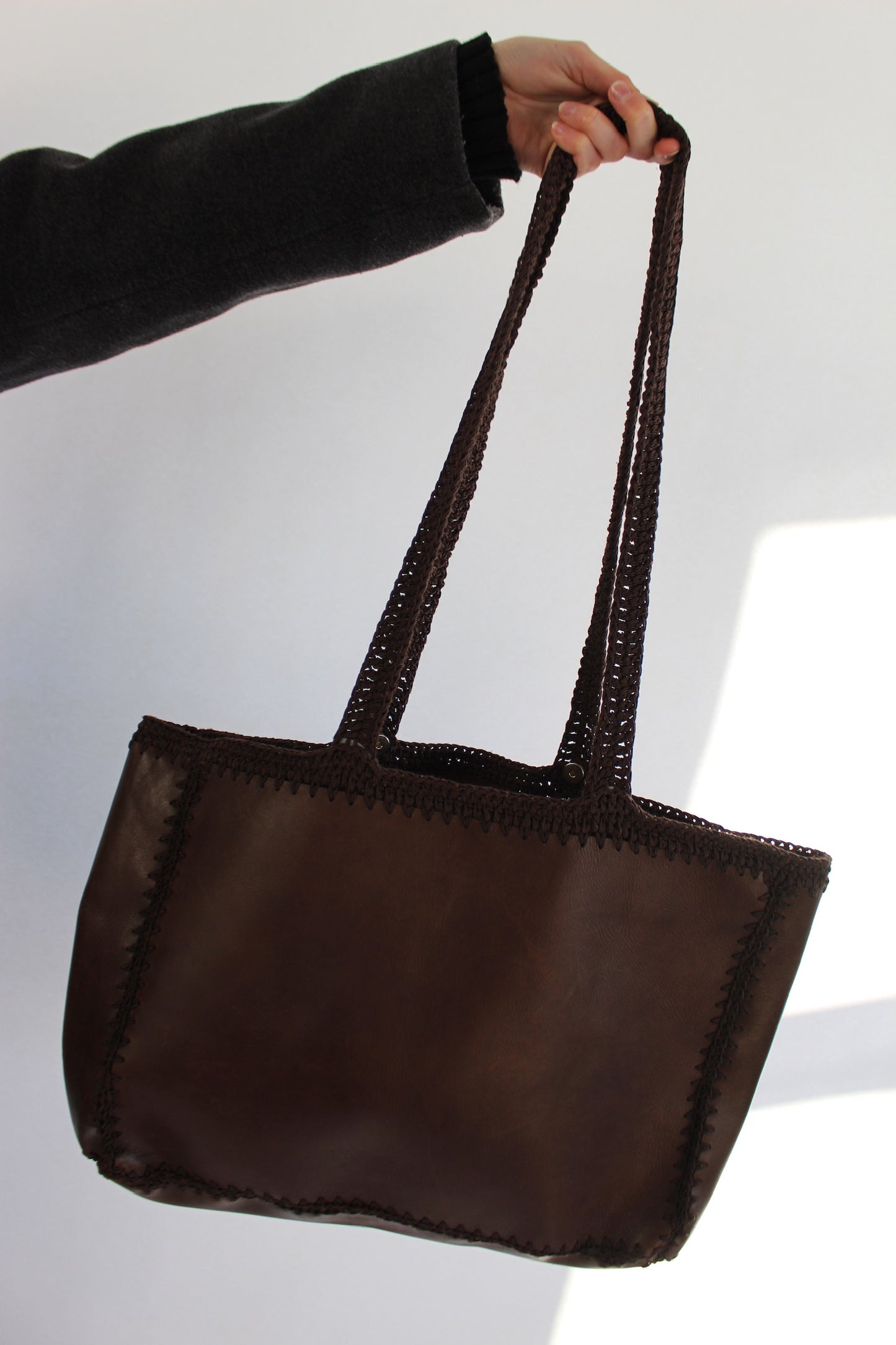 Beautiful Vintage Smooth Leather & Crochet Tote Bag