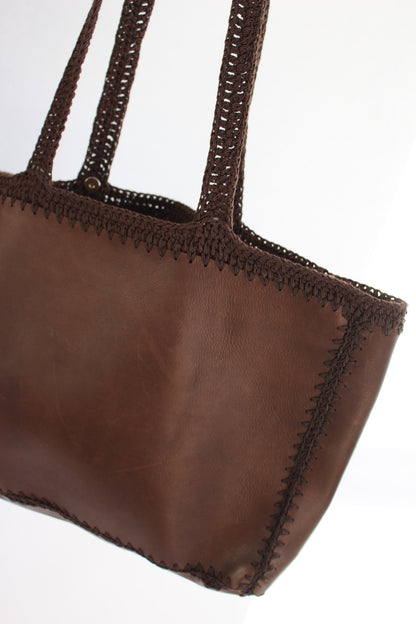 Beautiful Vintage Smooth Leather & Crochet Tote Bag