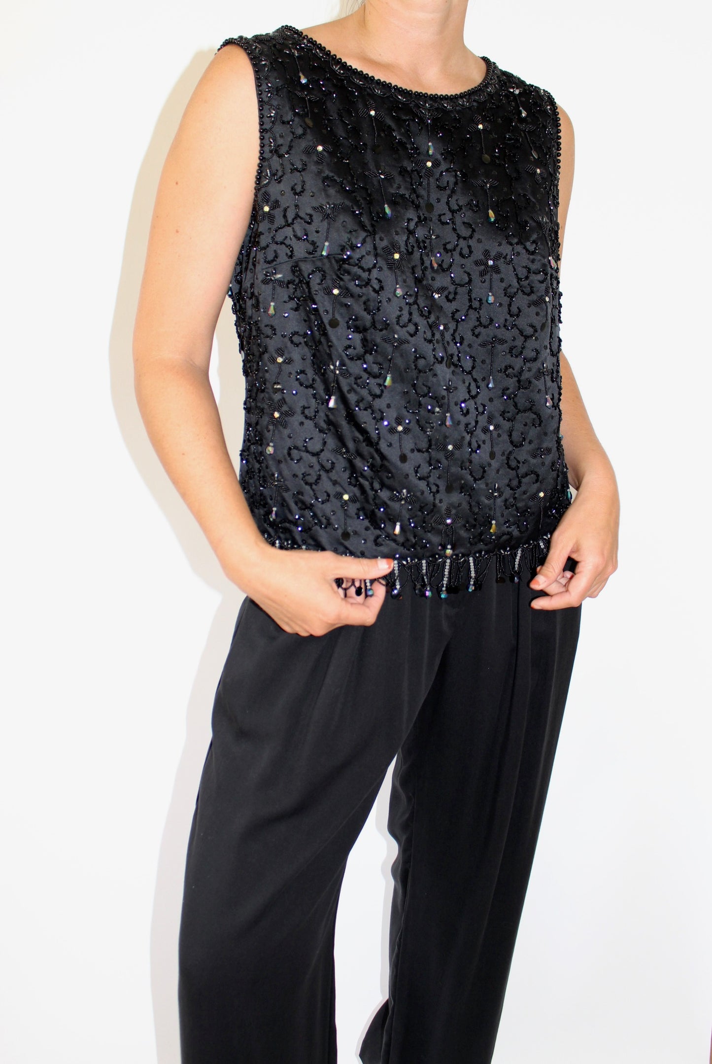 Beautiful Vintage Onyx Beaded Satin Tank Top