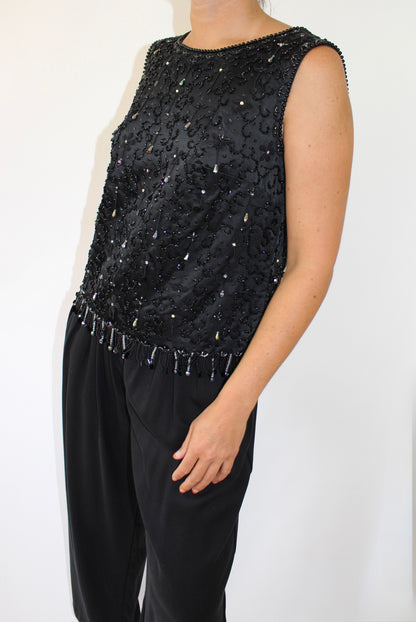 Beautiful Vintage Onyx Beaded Satin Tank Top