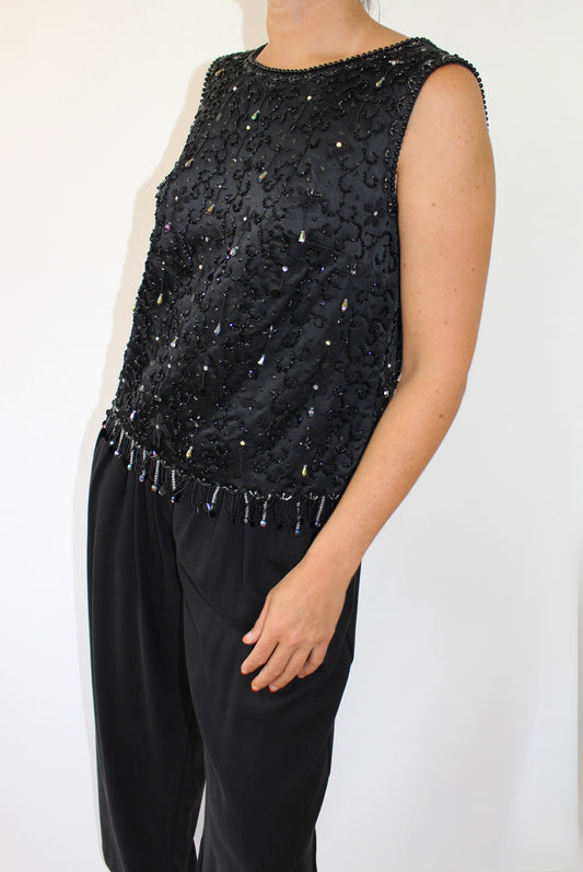 Beautiful Vintage Onyx Beaded Satin Tank Top