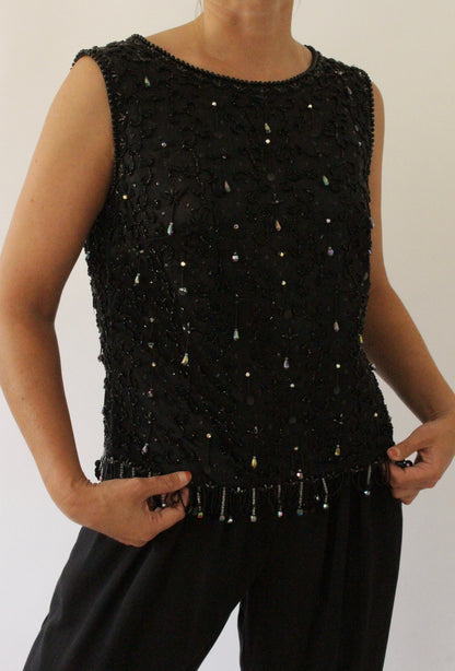 Beautiful Vintage Onyx Beaded Satin Tank Top