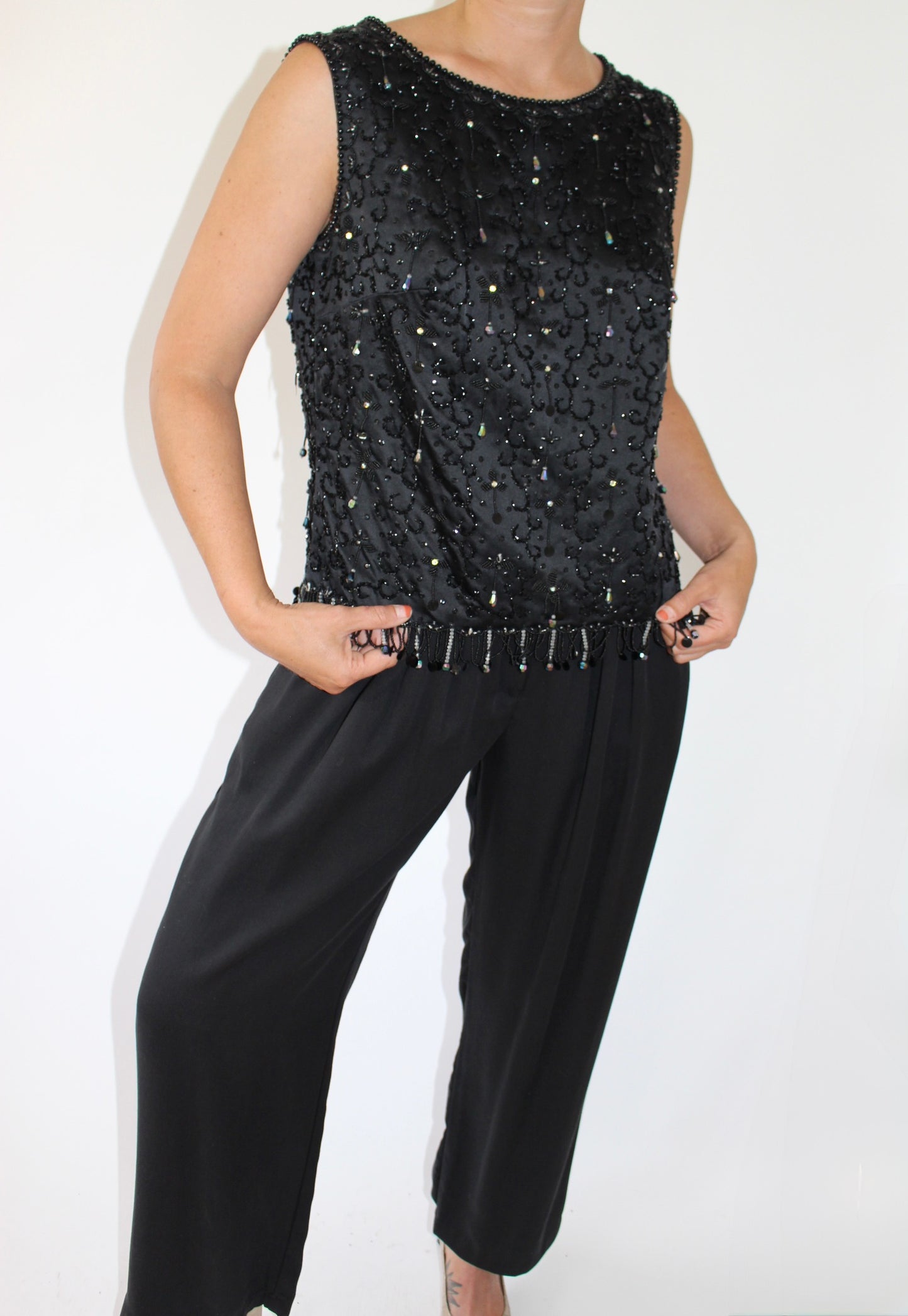 Beautiful Vintage Onyx Beaded Satin Tank Top