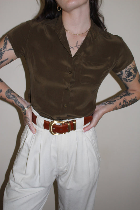 Vintage Olive Petite Silk Blouse