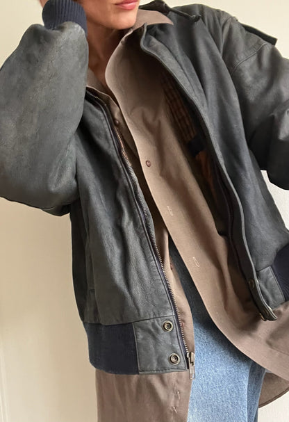 Vintage Ultra Faded Midnight Leather Bomber Jacket