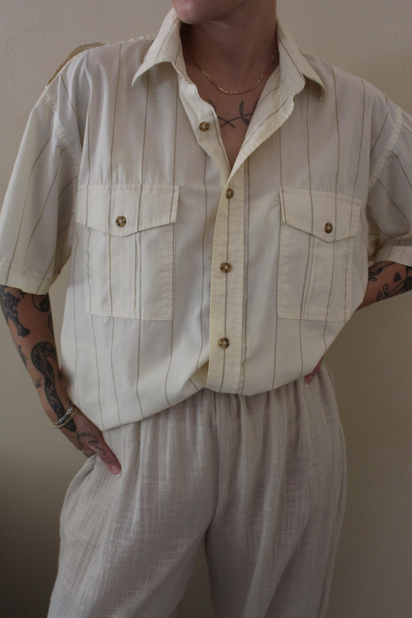 Vintage Pale Lemon Striped Short Sleeve Shirt